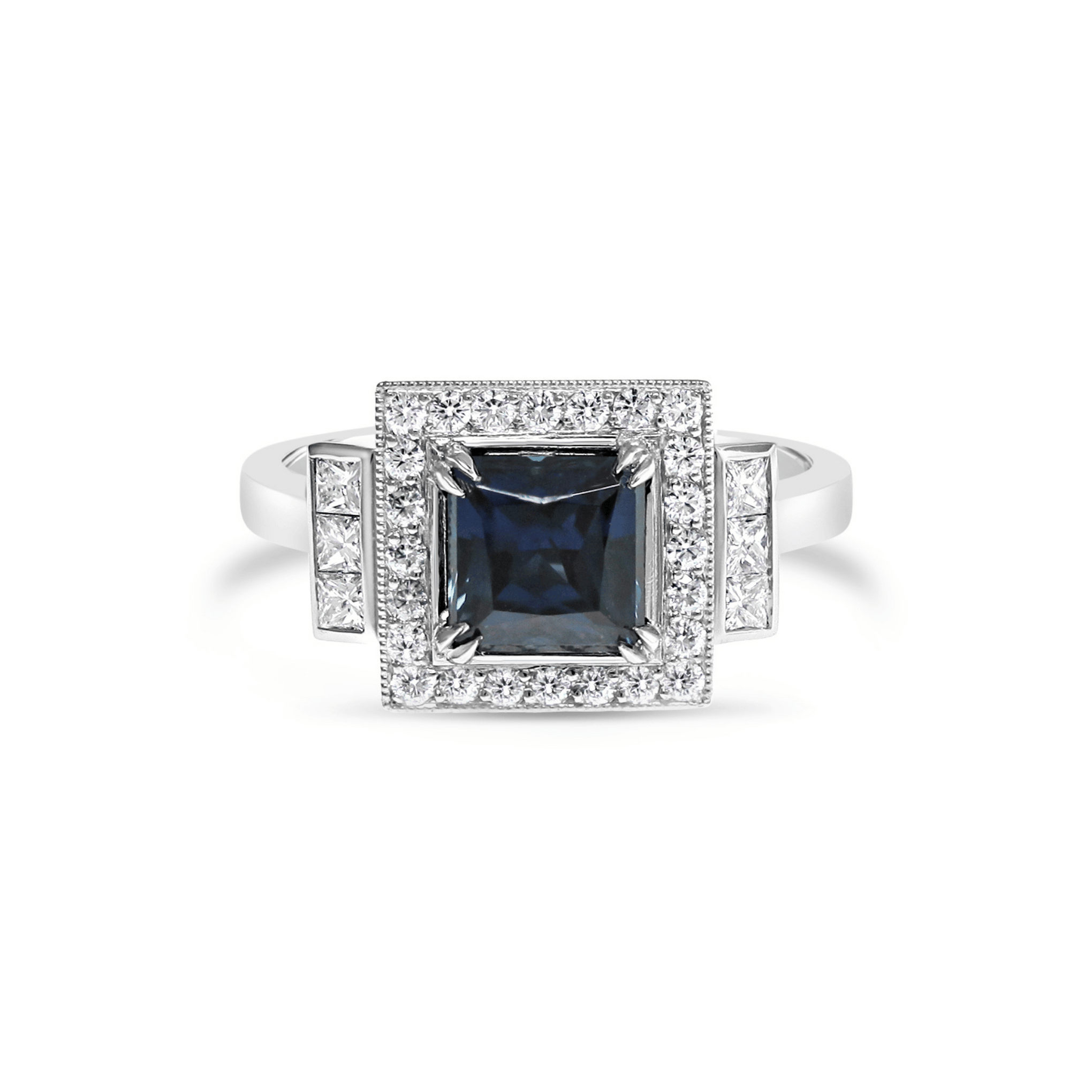 ART DECO EMERALD CUT AUSTRALIAN SAPPHIRE & DIAMOND ENGAGEMENT RING