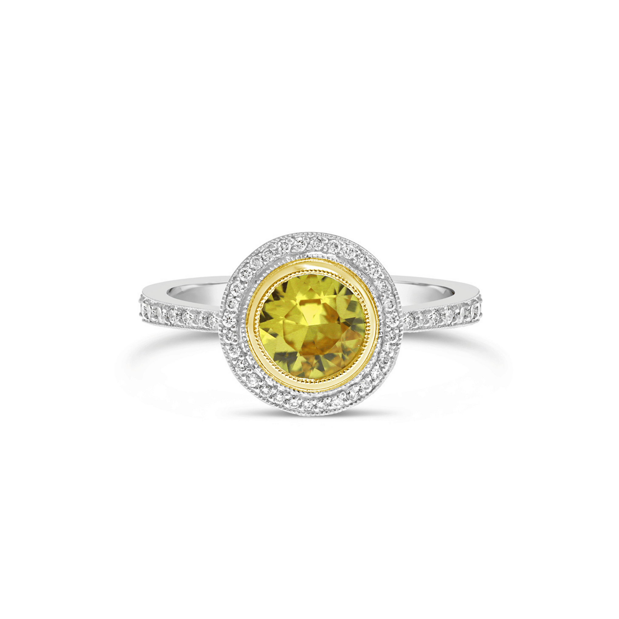 ART DECO ROUND BRILLIANT CUT YELLOW SAPPHIRE & DIAMOND HALO ENGAGEMENT RING