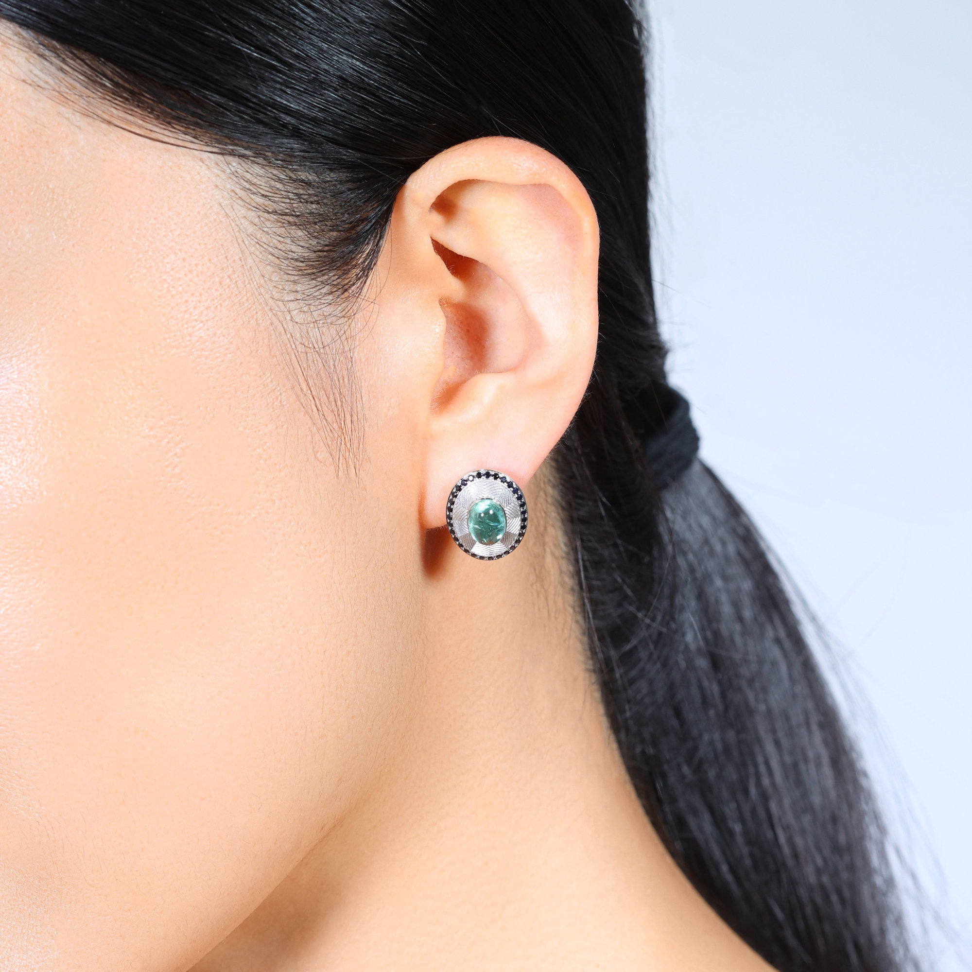 Cabochon Green Tourmaline & Black Diamond 'Guilloche' Earrings
