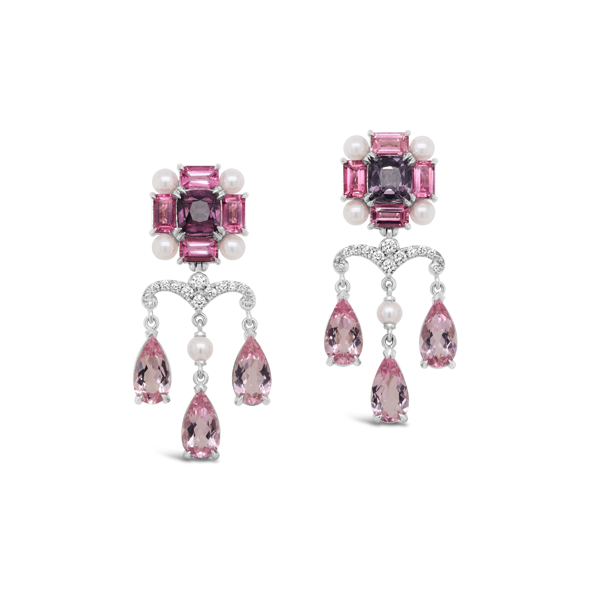 Pink Earrings | Morganite & Tourmaline, Purple Spinel & Akoya Pearl Chandelier Earrings for Women