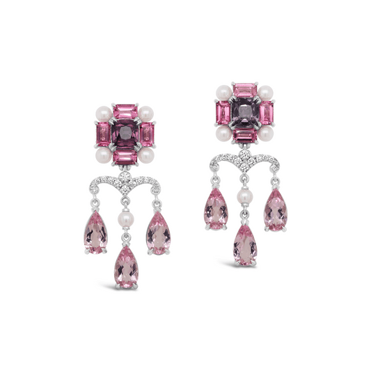 Pink Morganite & Tourmaline, Purple Spinel & Akoya Pearl Earrings 