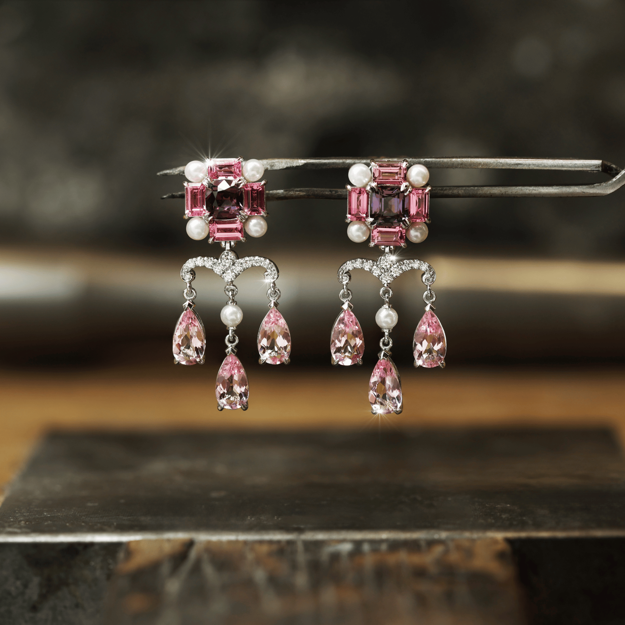 Pink Morganite & Tourmaline, Purple Spinel & Akoya Pearl Earrings  