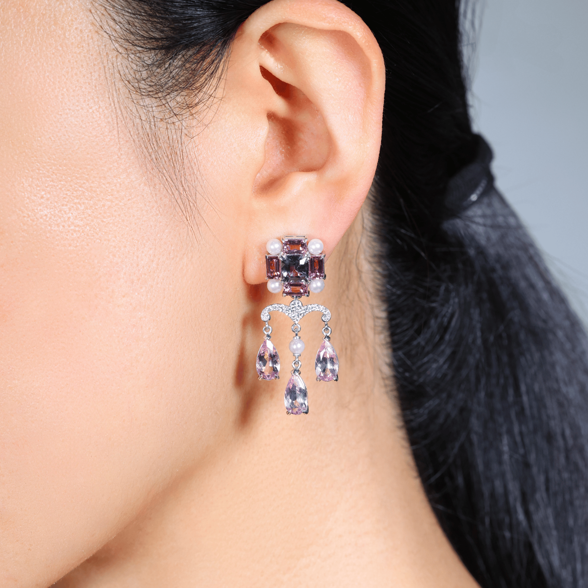 Pink Earrings | Morganite & Tourmaline, Purple Spinel & Akoya Pearl Chandelier Earrings for Women