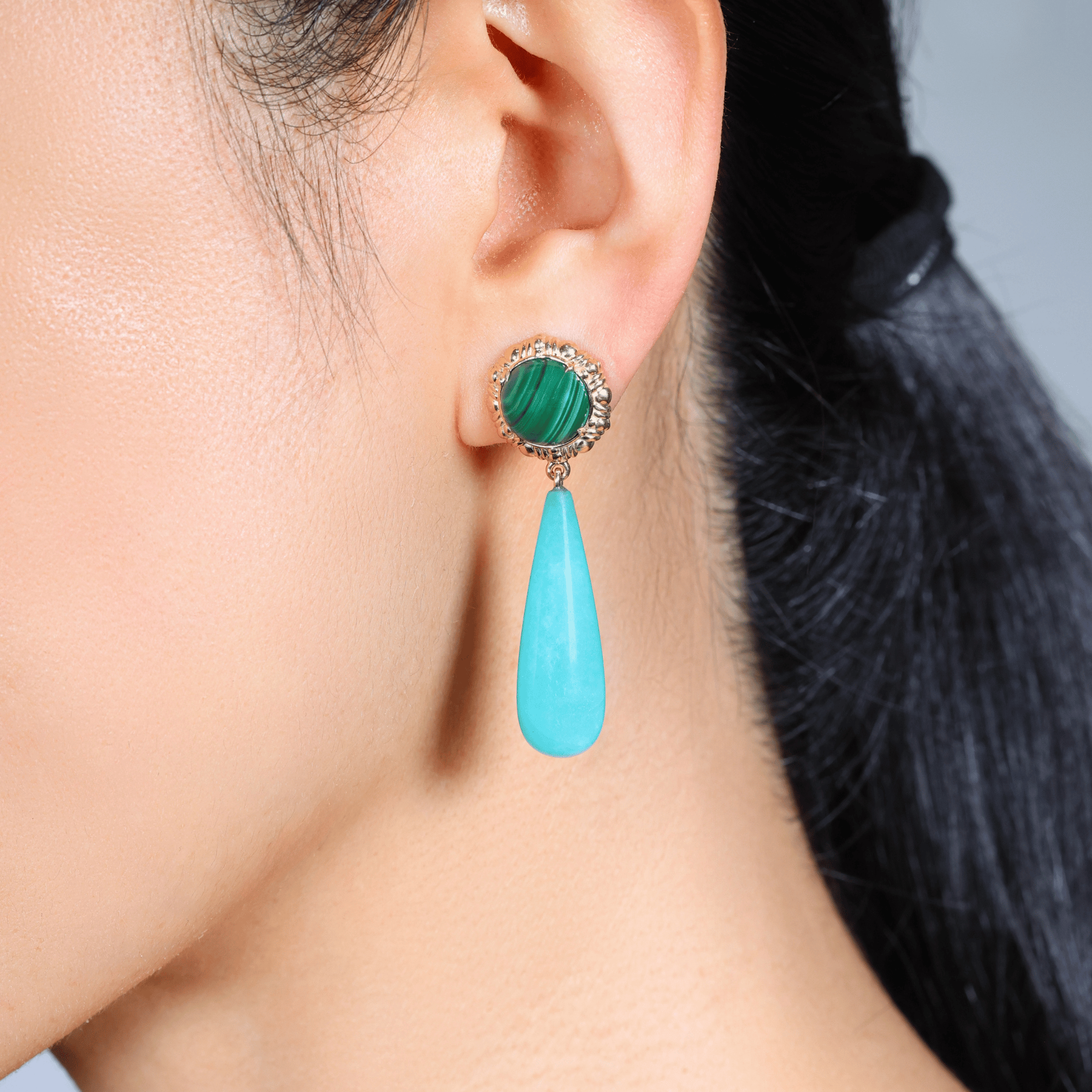 Malachite & Amazanite Lapis Cabochon Gemstone Drop Earrings for Women