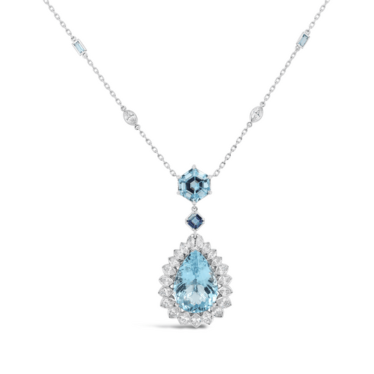 Pear Cut & Hexagonal Cut Aquamarine & Diamond Necklace