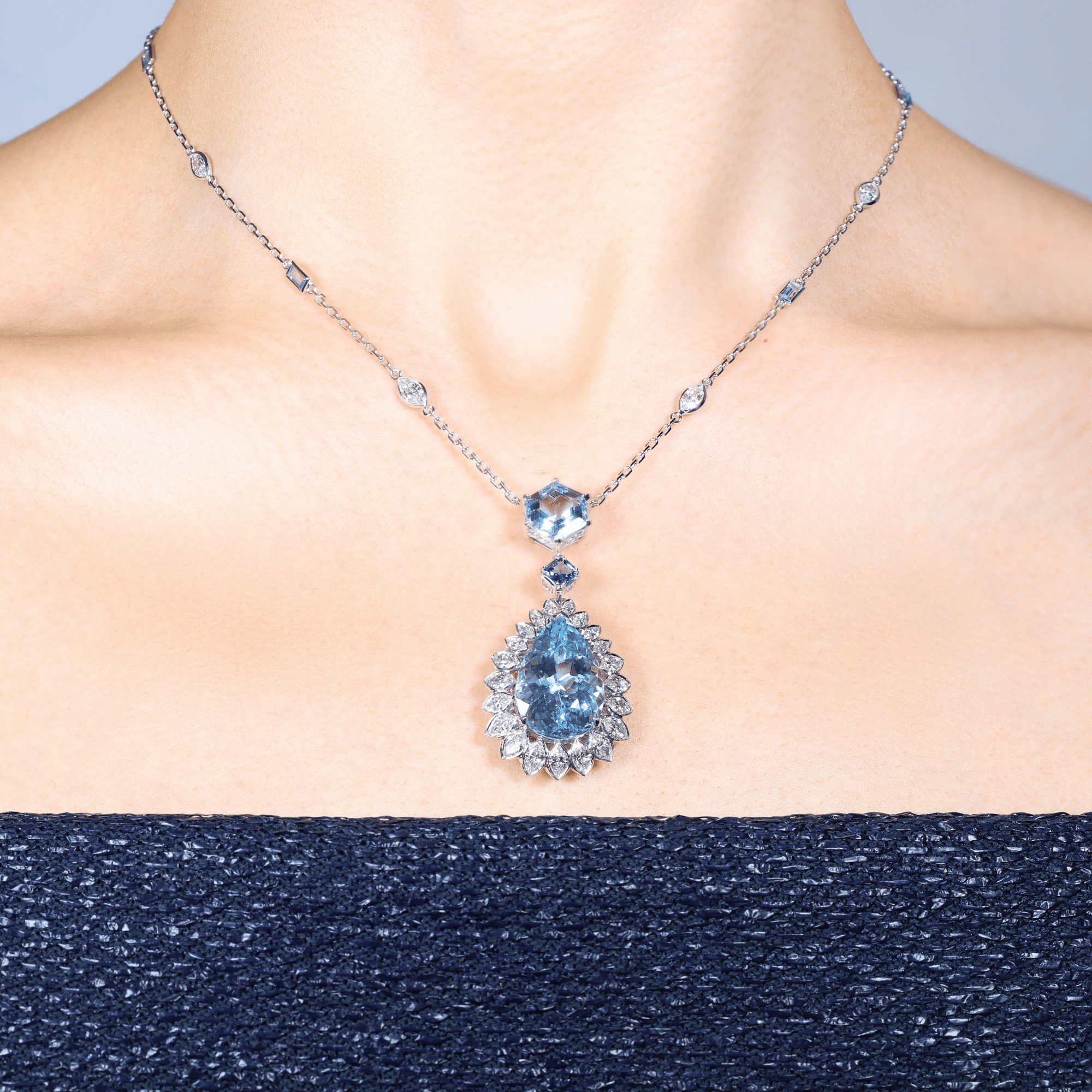 Pear Cut & Hexagonal Cut Aquamarine & Diamond Necklace 2