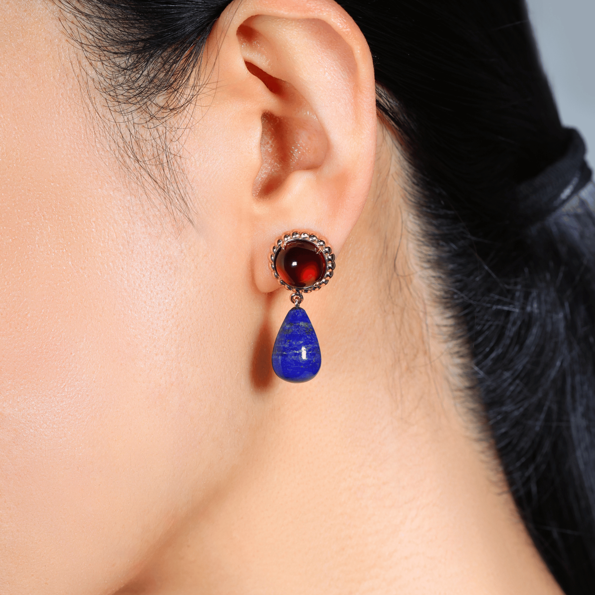 Cabochon Garnet & Lapis Briolette Womens Drop Earrings