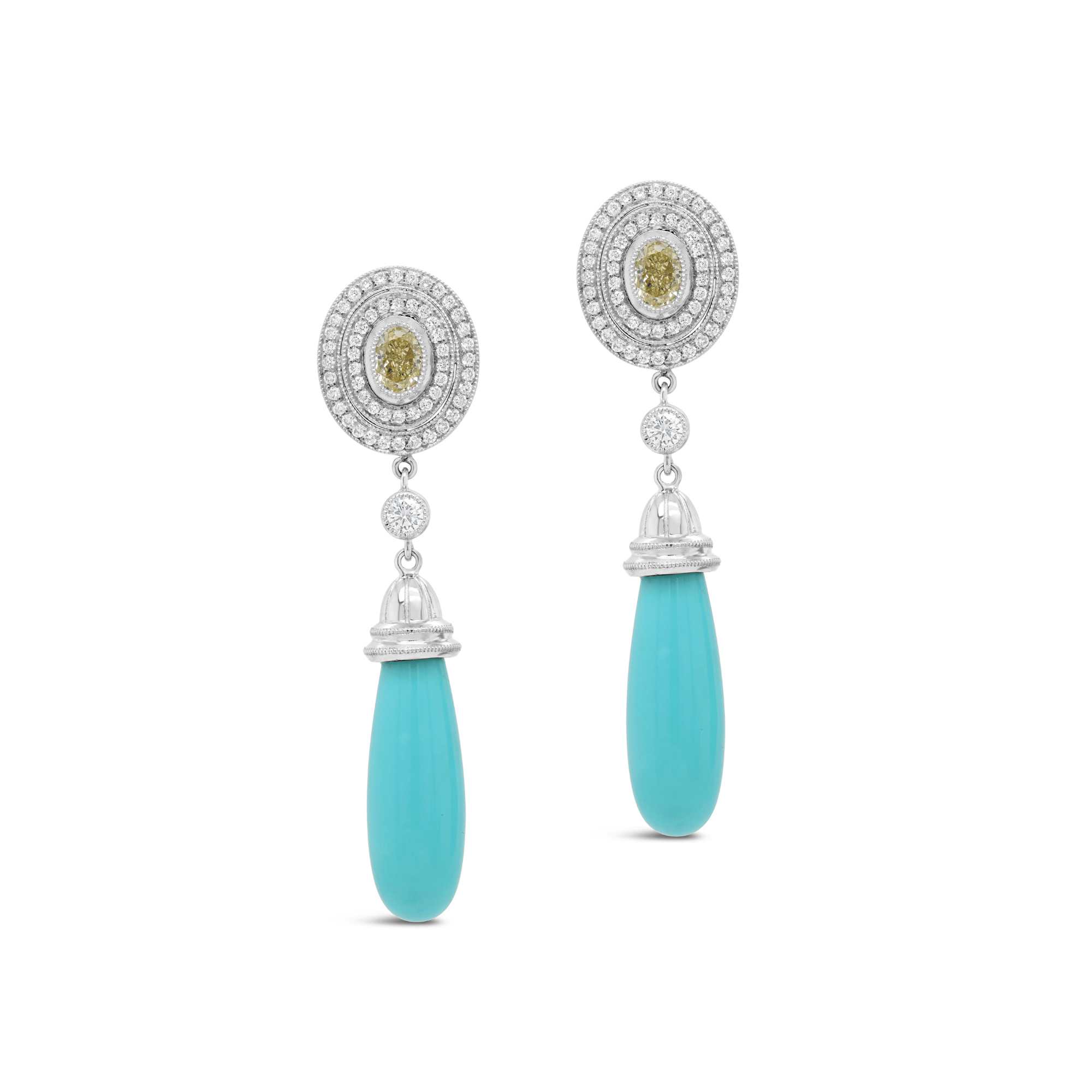 Yellow & White Diamond & Turquoise Drop Earrings