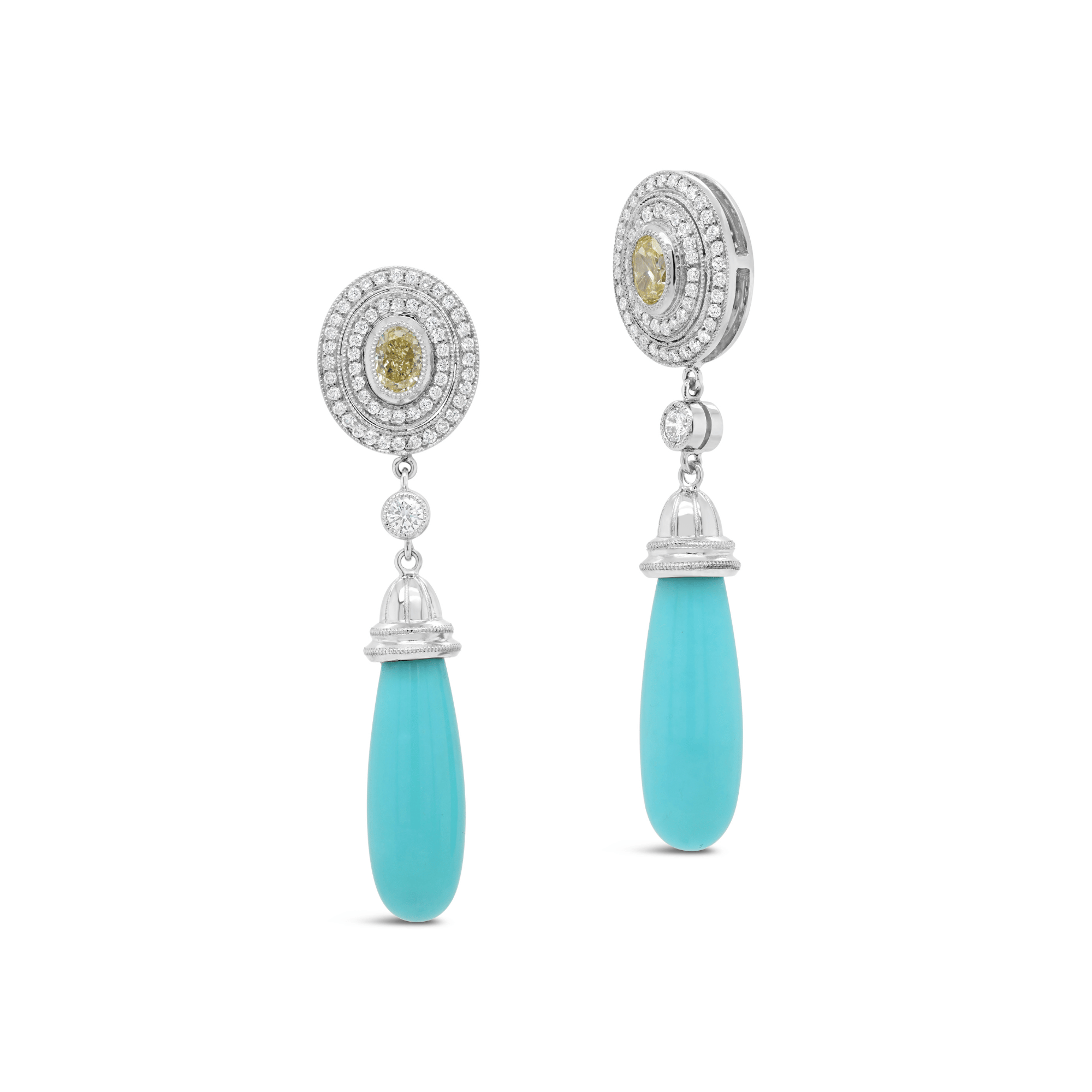 Yellow & White Diamond & Turquoise Drop Earrings