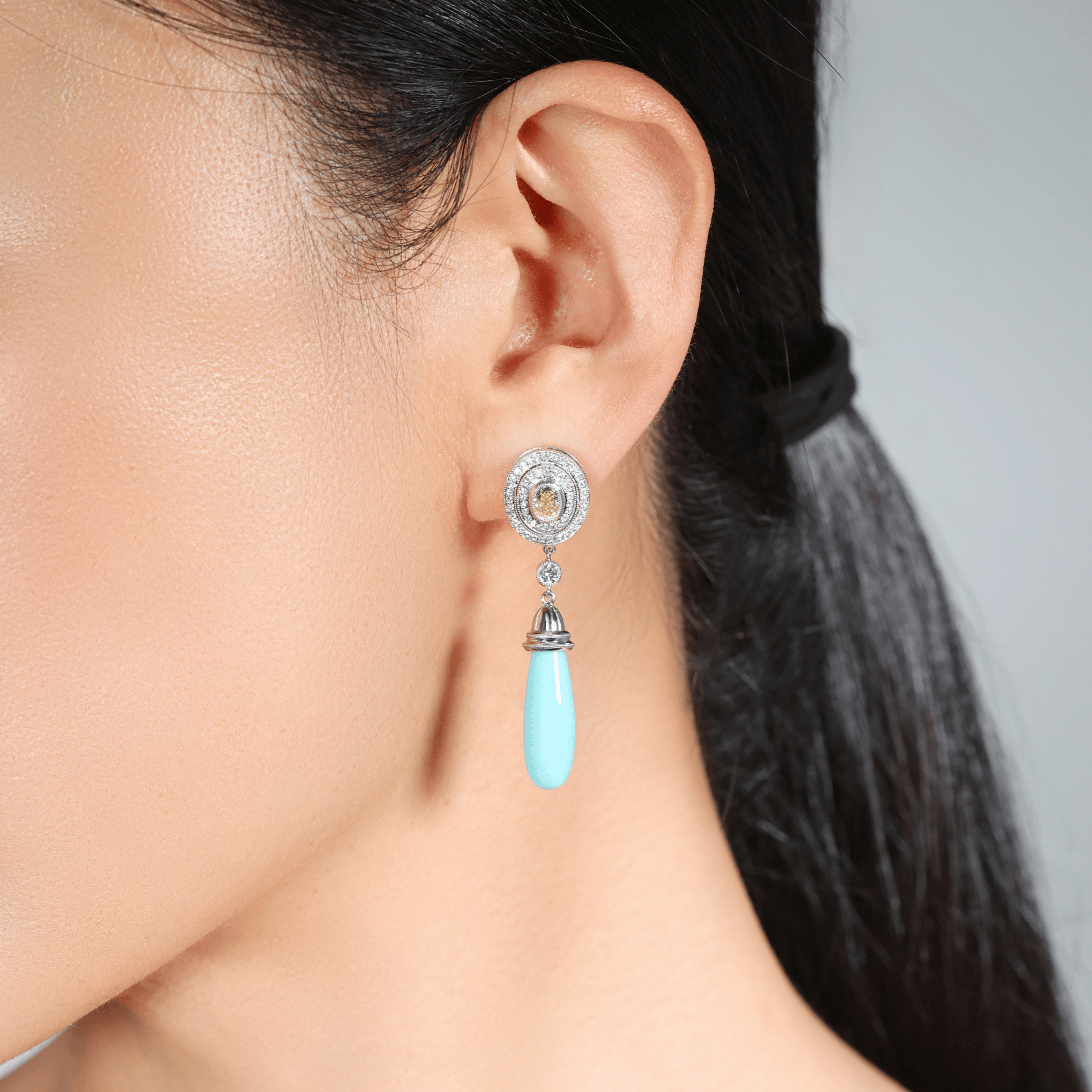 Yellow & White Diamond & Turquoise Drop Earrings