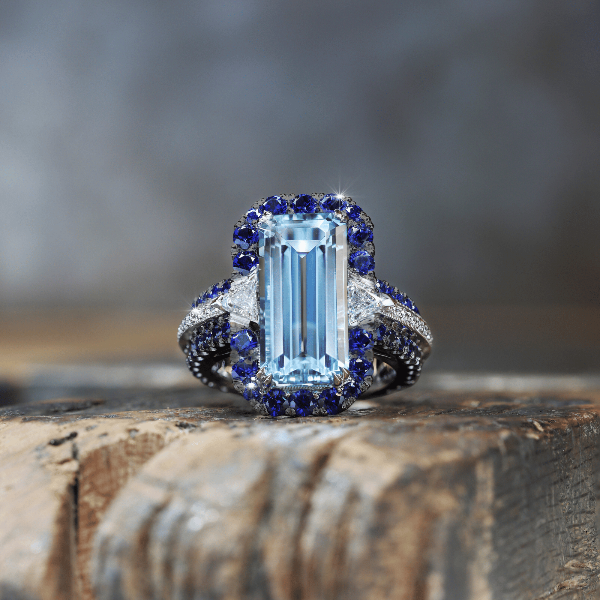 Iluka Emerald Cut Aquamarine, Sapphire & Diamond Ring